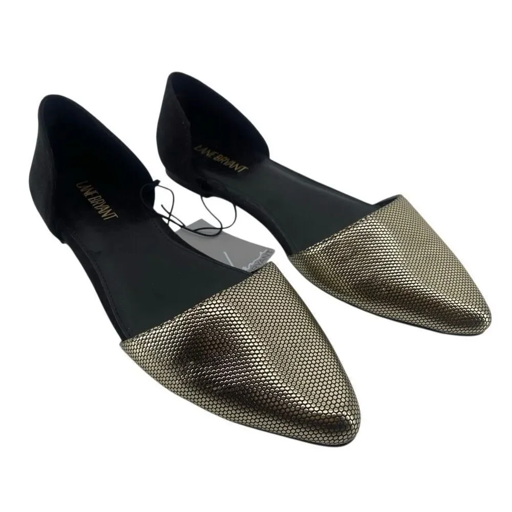 Lane Bryant Metallic D’Orsay Flats Pointed Toe Gold Black NWT Size 10